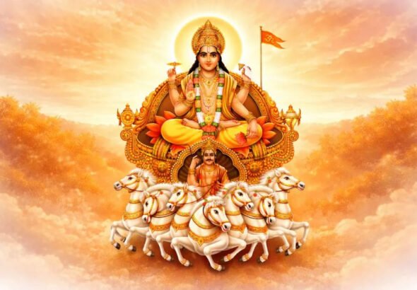 Sun God on his chariot with seven horses representing Ratha Saptami.