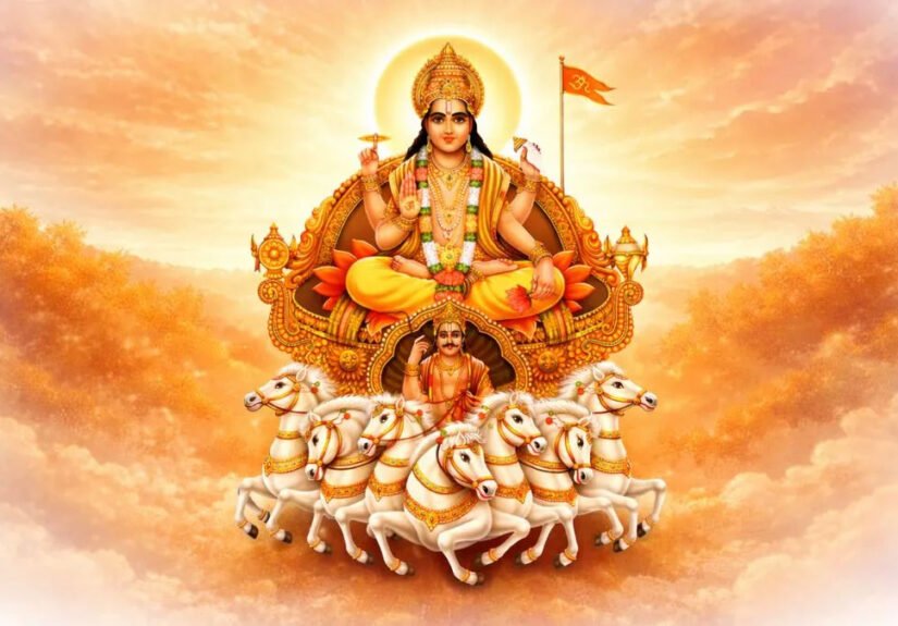 Sun God on his chariot with seven horses representing Ratha Saptami.