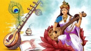 Maa Saraswati with Veena and Swan representing knowledge and wisdom.