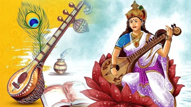 Maa Saraswati with Veena and Swan representing knowledge and wisdom.