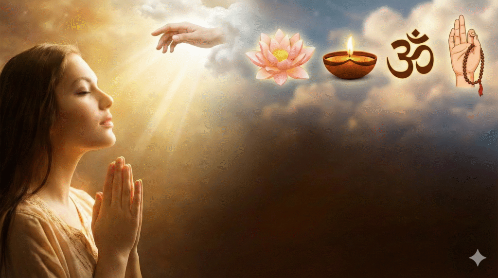 A peaceful woman meditating with a divine golden aura.