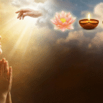 A peaceful woman meditating with a divine golden aura.