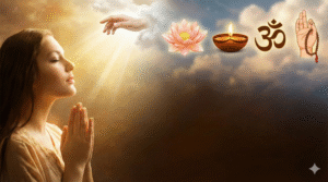 A peaceful woman meditating with a divine golden aura.