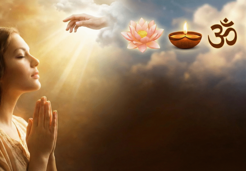 A peaceful woman meditating with a divine golden aura.